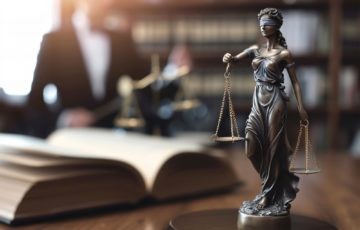 Justitia-Statue mit Waage vor Gesetzbuch