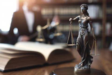 Justitia-Statue mit Waage vor Gesetzbuch