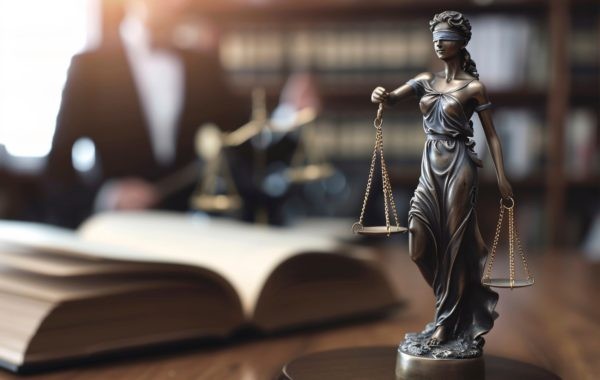 Justitia-Statue mit Waage vor Gesetzbuch